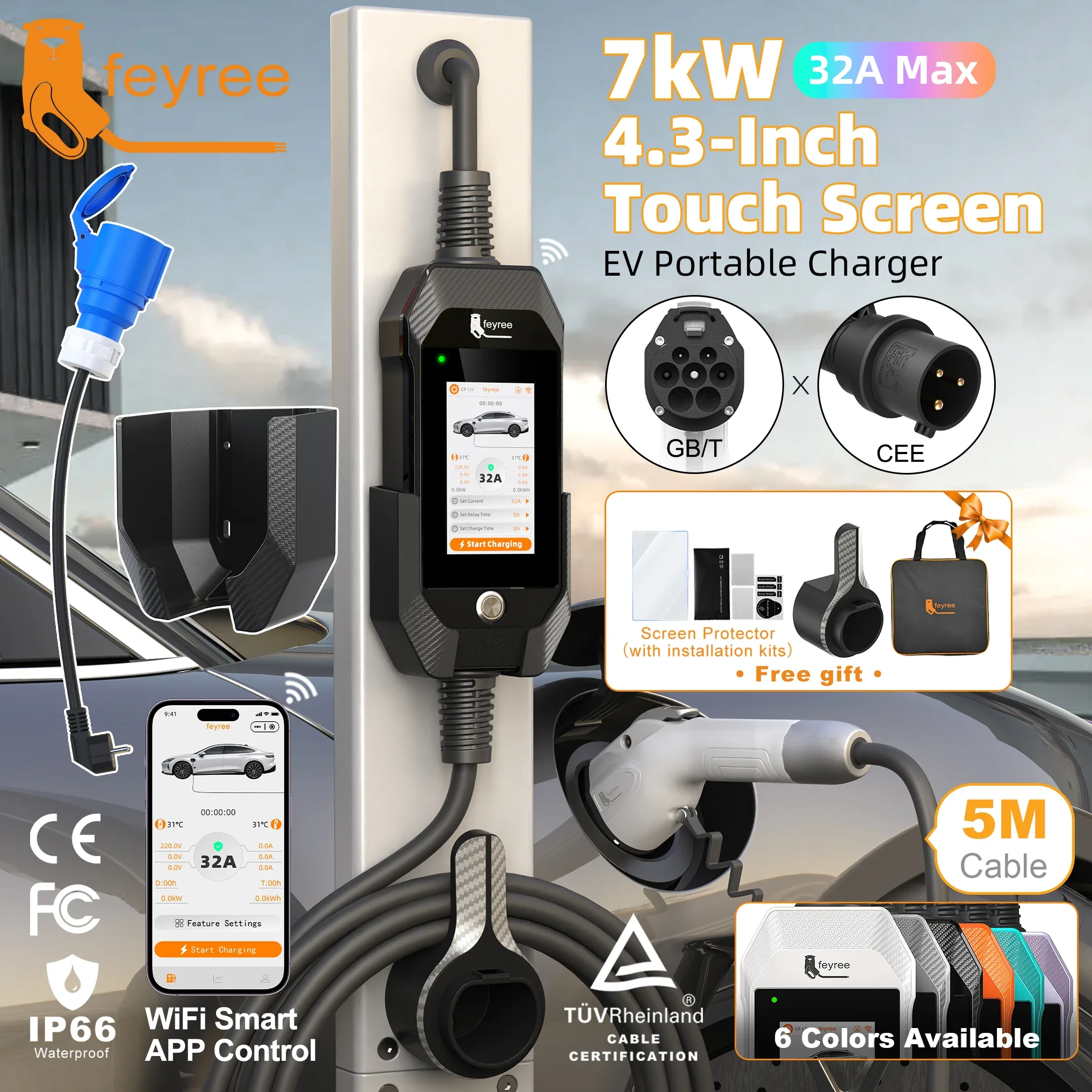 Feyree 7kW 32A 1P Touch ScreenGB/T EV Charger 4.3inch Smart WIFI APP Control EVSE Portable Charging Box for Electric Car Charge