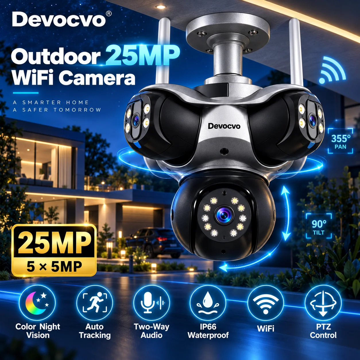 Fünf-Linsen-25-MP-WLAN-CCTV-Sicherheitskamera, Fünf-Bildschirm-IP-Kamera, 720-Grad-PTZ, 10K-20-MP-Hochauflösende Videoüberwachung, Drahtlose Sicherheitslösung für Zuhause und Außenbereich, Große