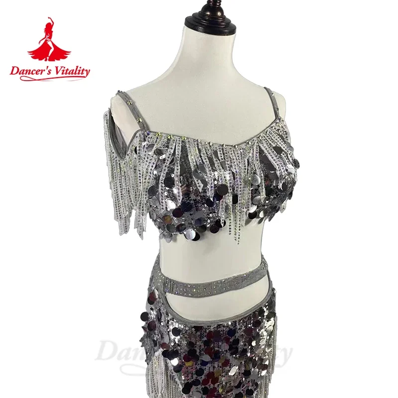 Belly Dance Costume Set for Women Silver Sequin Tassel Top+short Skirt 2pcs Performance Costume Custom Drum Solo Short Suit