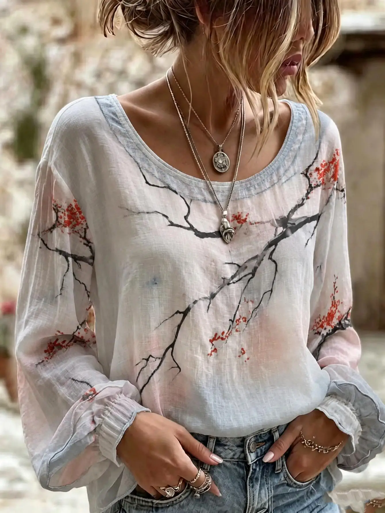 Women Plus Size Blouse 3D Cherry Blossom Print Long Sleeve Loose Fit Boho Tunic Top