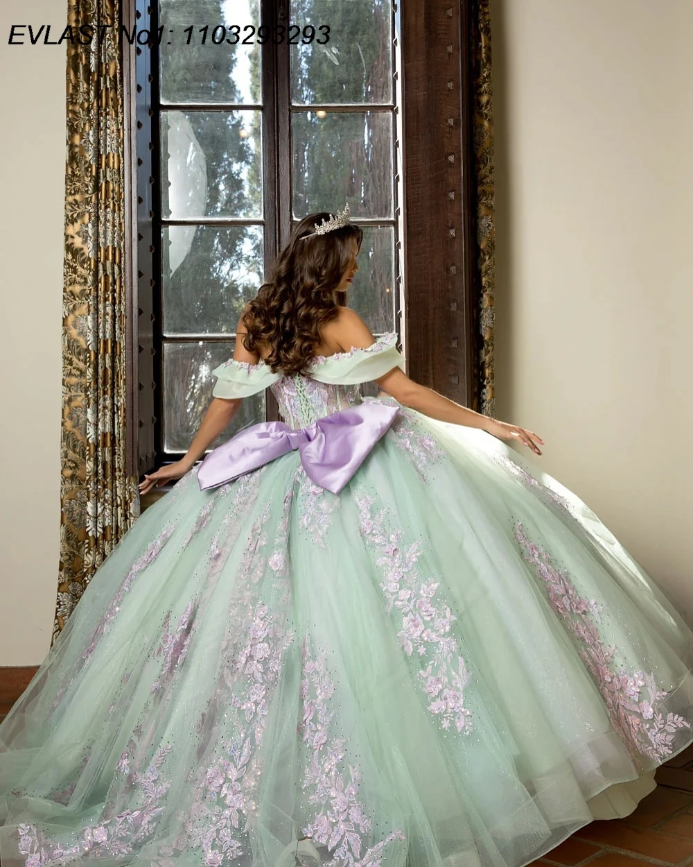 EVLAST Aangepaste Glitter Salie Baljurk Quinceanera Jurk Lila Kant Applique Kralen Strik Sweet 16 Vestidos De 15 Anos E1Q929