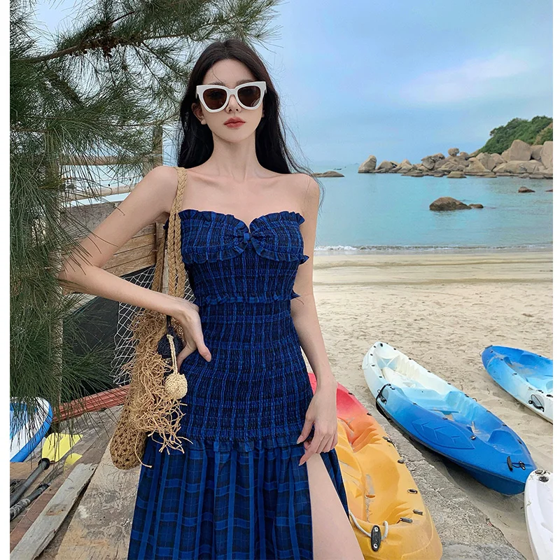 Sexy Blue Plaid Hollow out Design Strapless Dress Elegant Long Skirt Split Patchwork Dress Ladylike Style Summer Season Polye...