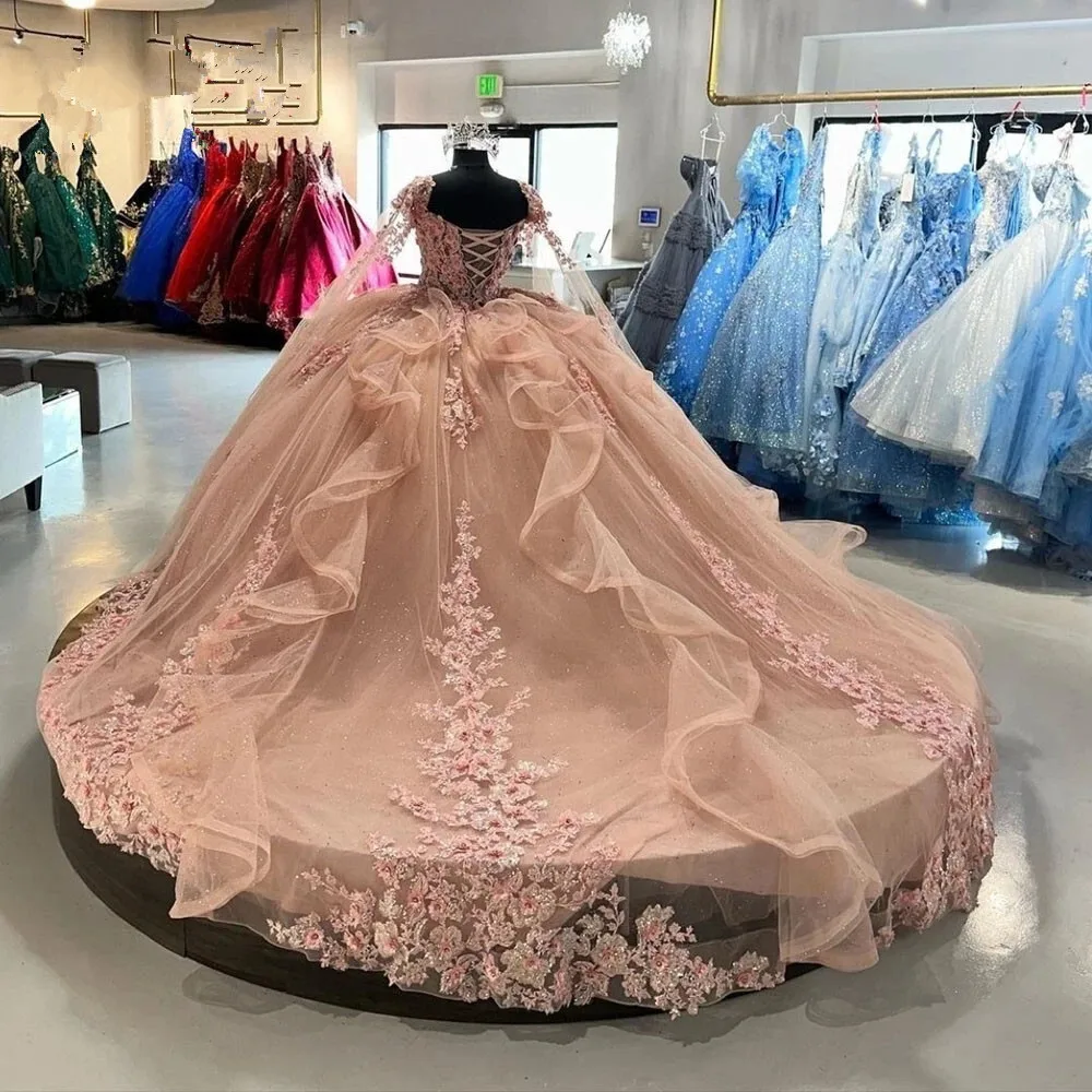 Розовые платья принцессы Quinceanera с накидкой, 3D цветочная аппликация, корсет на шнуровке, платье Золушки для выпускного вечера, дня рождения, сладкое платье 16 лет