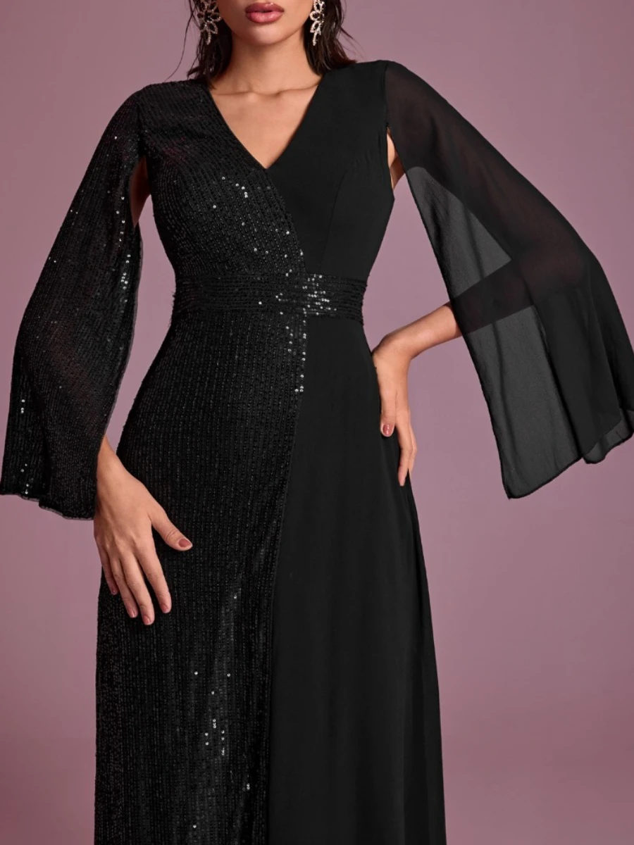 VGH พรหมชุดราตรี Spliced Sequins ชุดผู้หญิง V คอแยกแขนยาวเอวสูง Patchwork ตาข่ายชุดราตรีหญิง