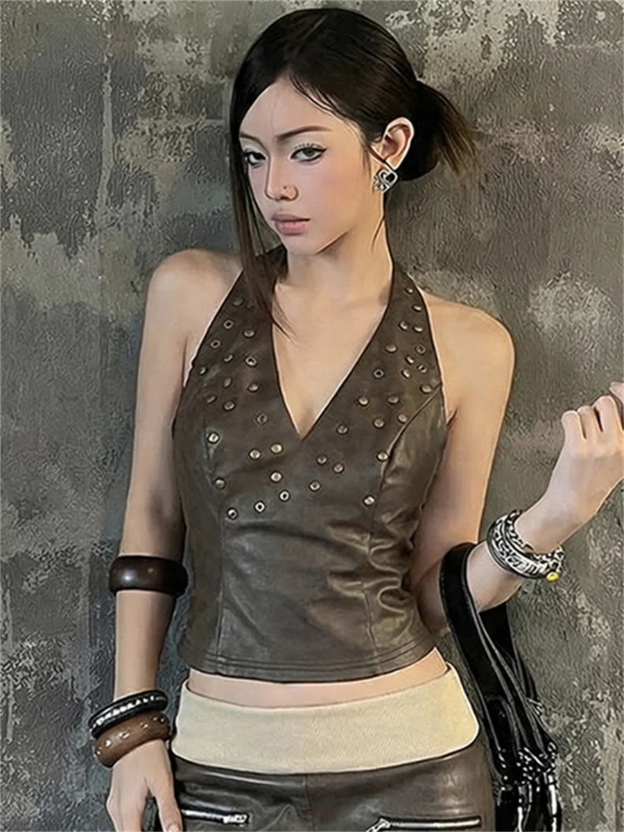Weird Puss Leather Halter Rivets Tank Top Women Hottie Sexy V-Neck Backless Sleeveless New Trend Midnight Street Party Clubwear