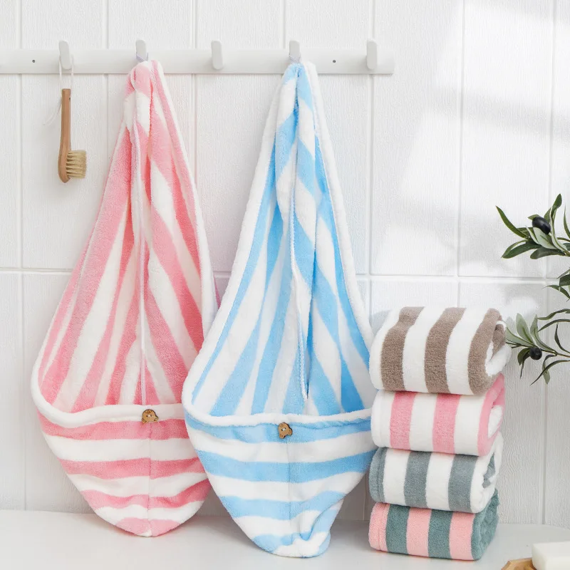 Dry Hair Towel Microfiber Coral Velvet Striped Pattern Hair Cap for Women Turban Water-Absorbent Quick-Drying Striped Shower Cap view 5