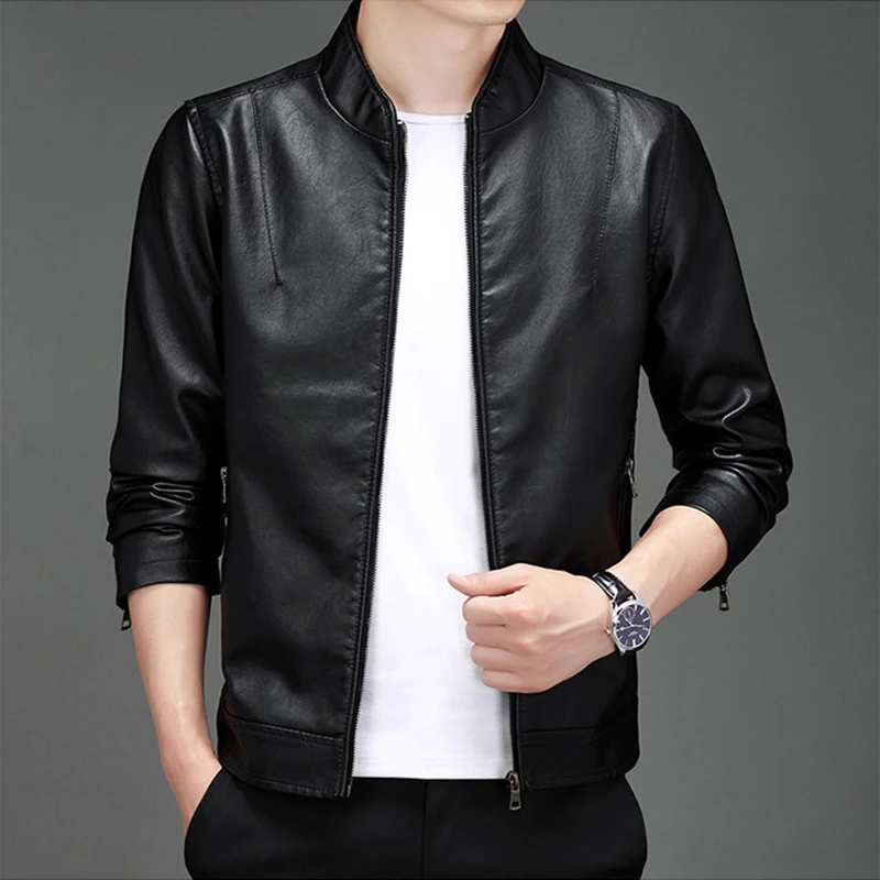 Spring and Autumn PU Leather Jacket Men's Baseball Collar Simple Slim Solid Color Motorcycle Suit Flight Suit, Men's Clothing