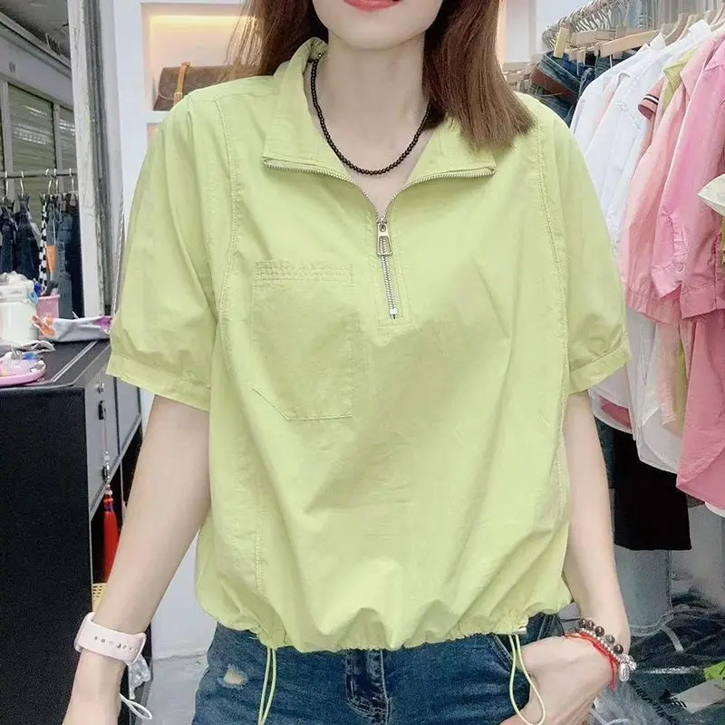 Minimalist 2024 Summer New Women\'s Pullovers Turn-down Collar Zipper Pockets Short Sleeve Loose Shirring Drawstring T-shirt Tops