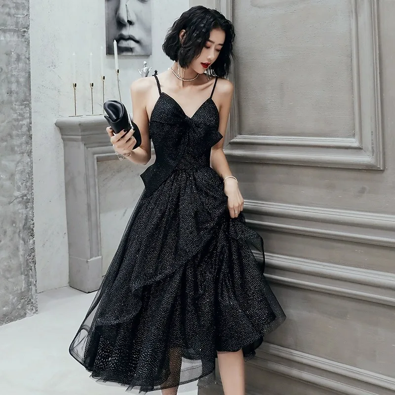 2025年新作 レディース ブラックイブニングドレス 高級感溢れる気品ある晩餐会 年次総会 誕生日ドレス エレガントで妖精のような気質