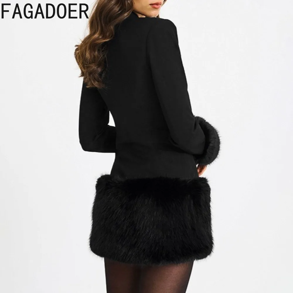 FAGADOER Winter New Sexy Fur Patchwork Bodycon Dresses Woman  Solid Color Deep V-neck Long Sleeves Dress Female Party Clubwear