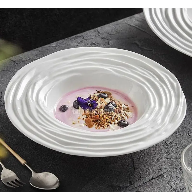 

Pure White Ceramic Water Wave Pattern Deep Plate Salad Dessert Pasta Plates Molecular Cuisine Specialty Tableware