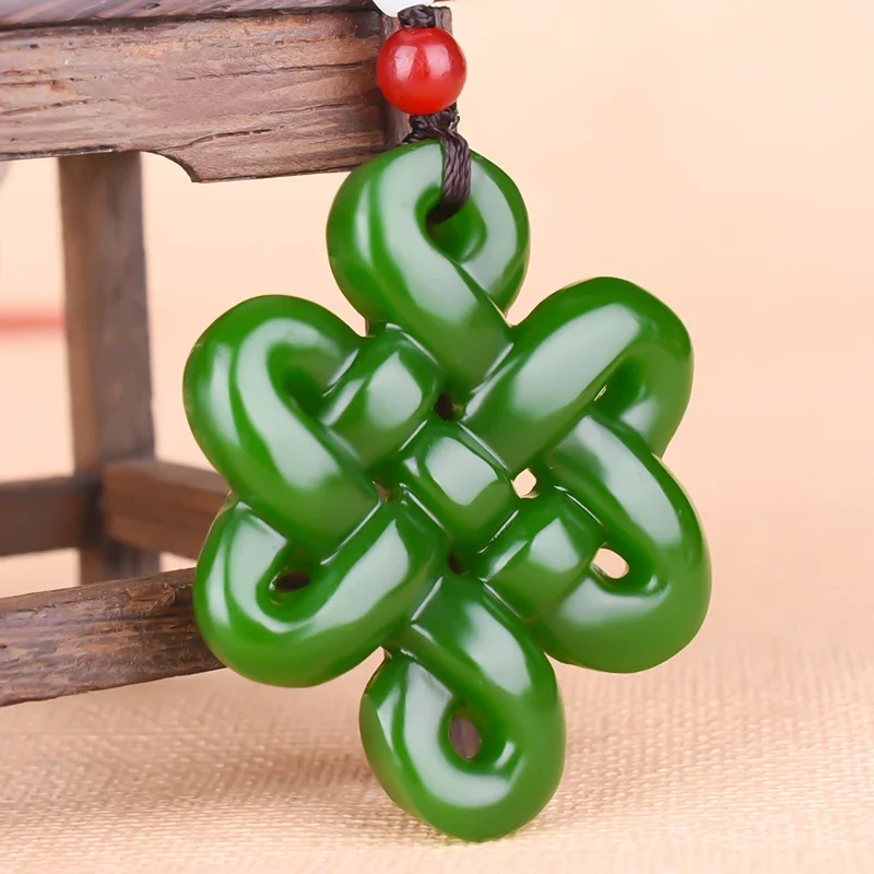 Natural Green White Jade Chinese Knot Pendant Beads Necklace Charm Jewelry Double-sided Hollow Carved Amulet for Her Simplicity