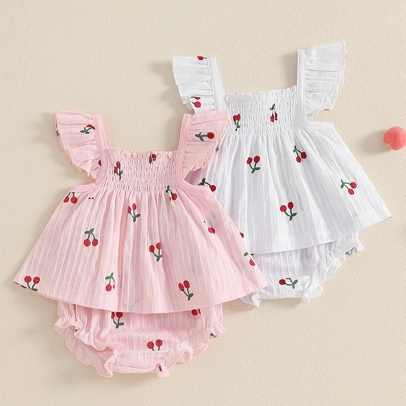 FOCUSNORM 0-24M Lovely Baby Girls Clothes Set Fruit Print Smocked Fly Sleeve Babydoll Dress Tops Elastic Waist Ruffle Shorts