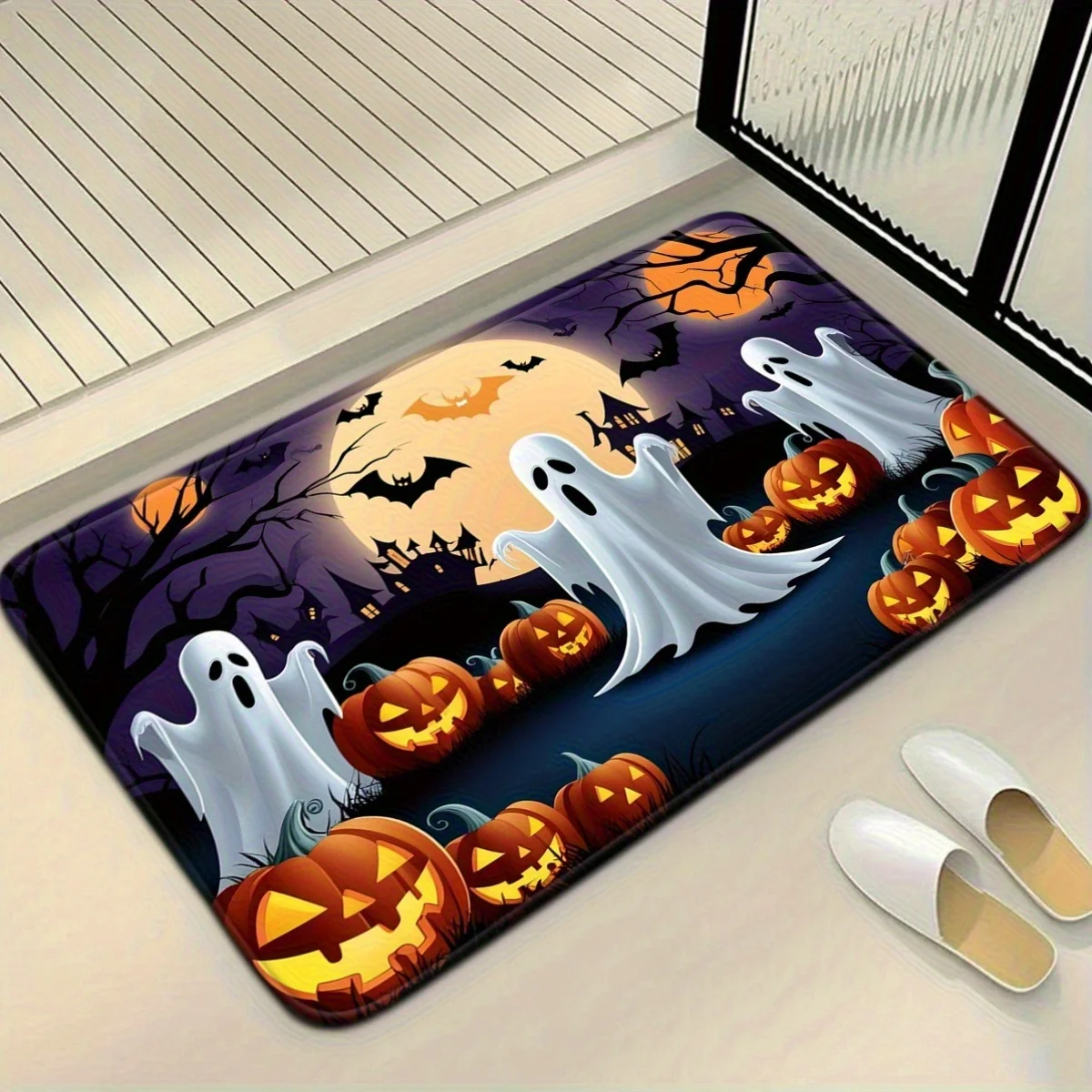 Halloween Ghost Pumpkin Lantern Pattern Bathroom Mat Set Toilet Lid Seat Cover U-Shaped Foot Pad