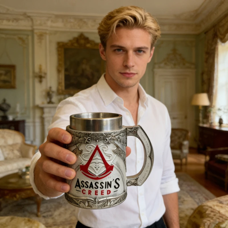 Viking Style Assassin Themed Beer Stein - Stainless Steel & Resin Drinking Mug, Medieval Tankard for Gamers & Collectors