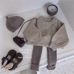 Korean 2024 Autumn and Winter New Children Clothes Pure Coffee Color Cute Sweater Long Sleeve Leggings Knit Pants Two-piece Suit