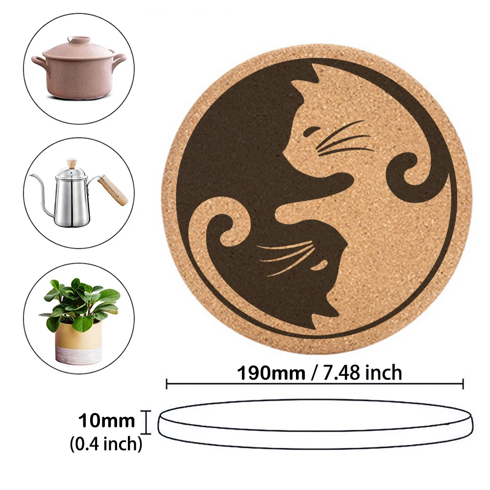 2Pcs New Engraved Cat Round Cork Pot Mat Heat Resistant Pans Bowl Cup Placemats  Coasters Tableware Pad Kitchen Decor Gadget