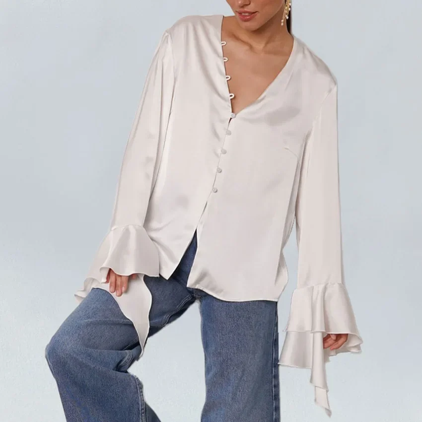 Women's Ruffle Blouse Solid Color Flounce Sleeve Elegant Office Shirt Dressy Casual Fall Winter Top 2025 New