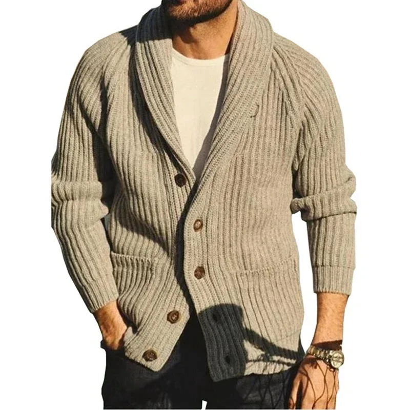 

2024 Spring Men's Fashion Lapel Collar Long Sleeve Cardigan Sweater Single Breasted Solid Color Coat Simple V-Neck Sweater Man