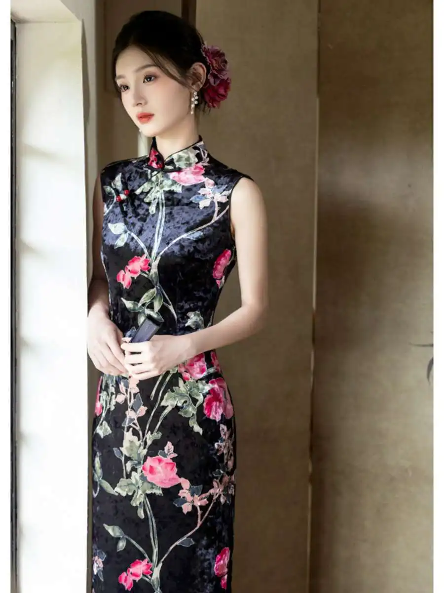 

Осенний новый бархатный ретро-платье-футляр с эффектом стройности, создающий ощущение роскоши, в национальном стиле, для вечерних мероприятий