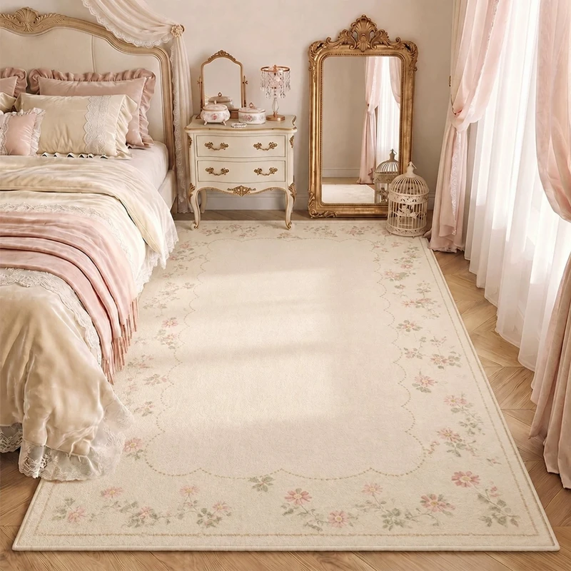 Girl Style Carpets for Living Room Cream Style Bedroom Decor Carpet French Gentle Floral Bedside Rug Fluffy Soft Home Floor Mat