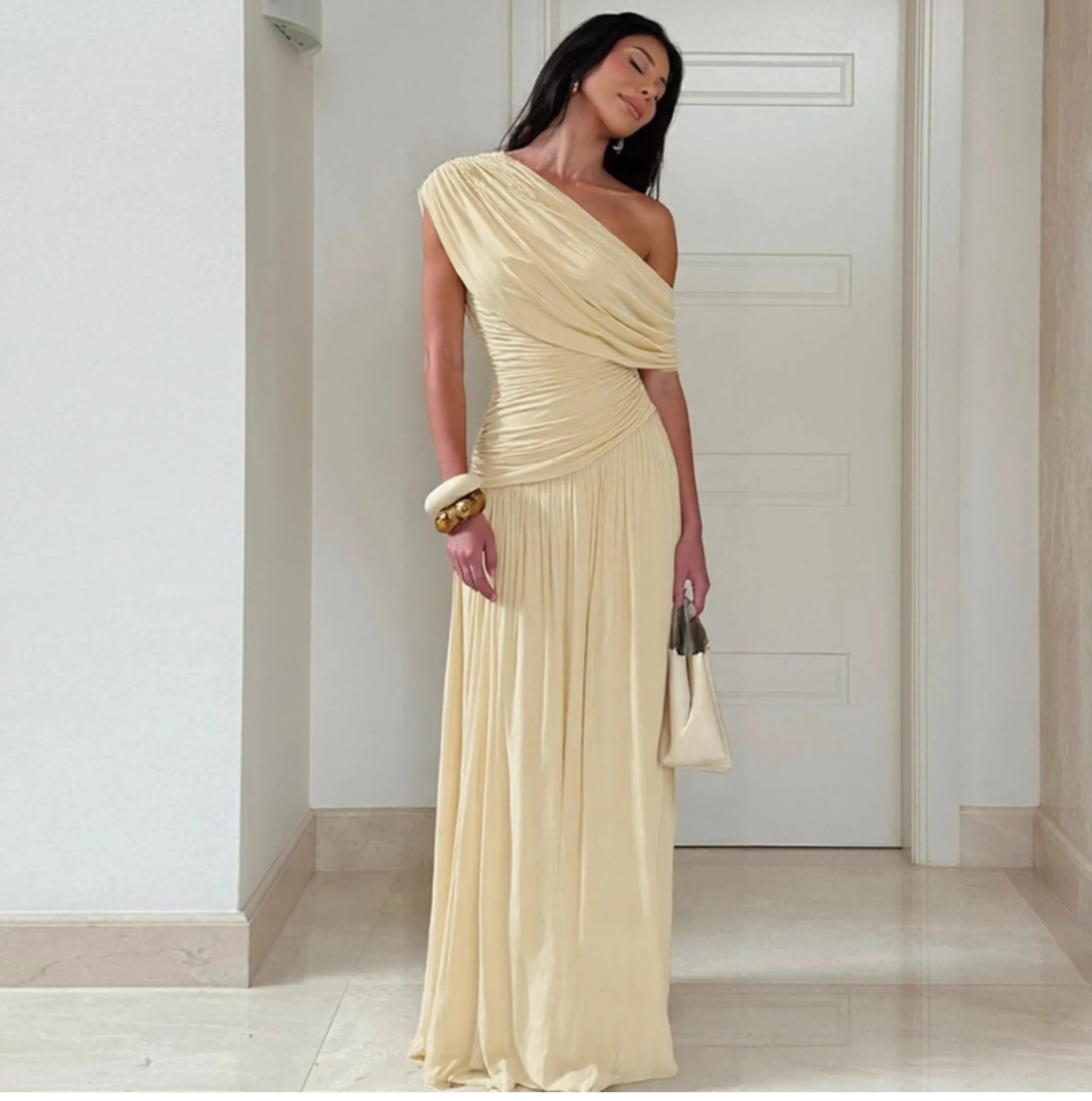 

French Style Sloping Collar Off Shoulder Dress For Women In Summer, With Irregular Pleats And Elastic Slimming Long Skirt
