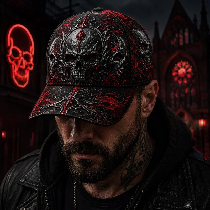 Baseball cap with red and black skull triptych pattern, gothic flame scroll art, suitable for Halloween parties, travel, street fashion, everyday casual wear, gifts, and casual accessories