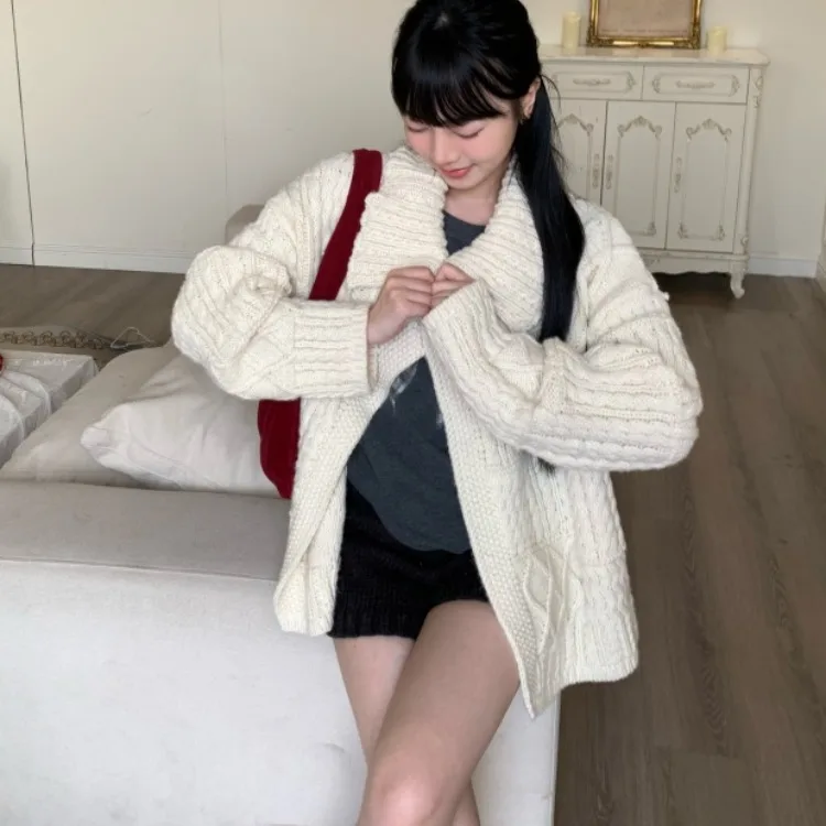 

Women's Chic Woolen Sweater Loose Fit Vintage Design Thiened Open Cardigan Long Sve Commute Sle Winter Faion