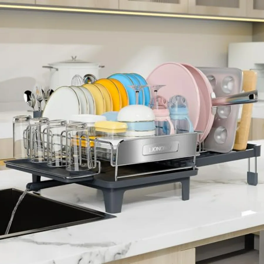 

Large Dish Drying Rack Expandable Kitchen Counter Drying Rack Space Saving 304 Stainless Steel Drainer Extra Large Black