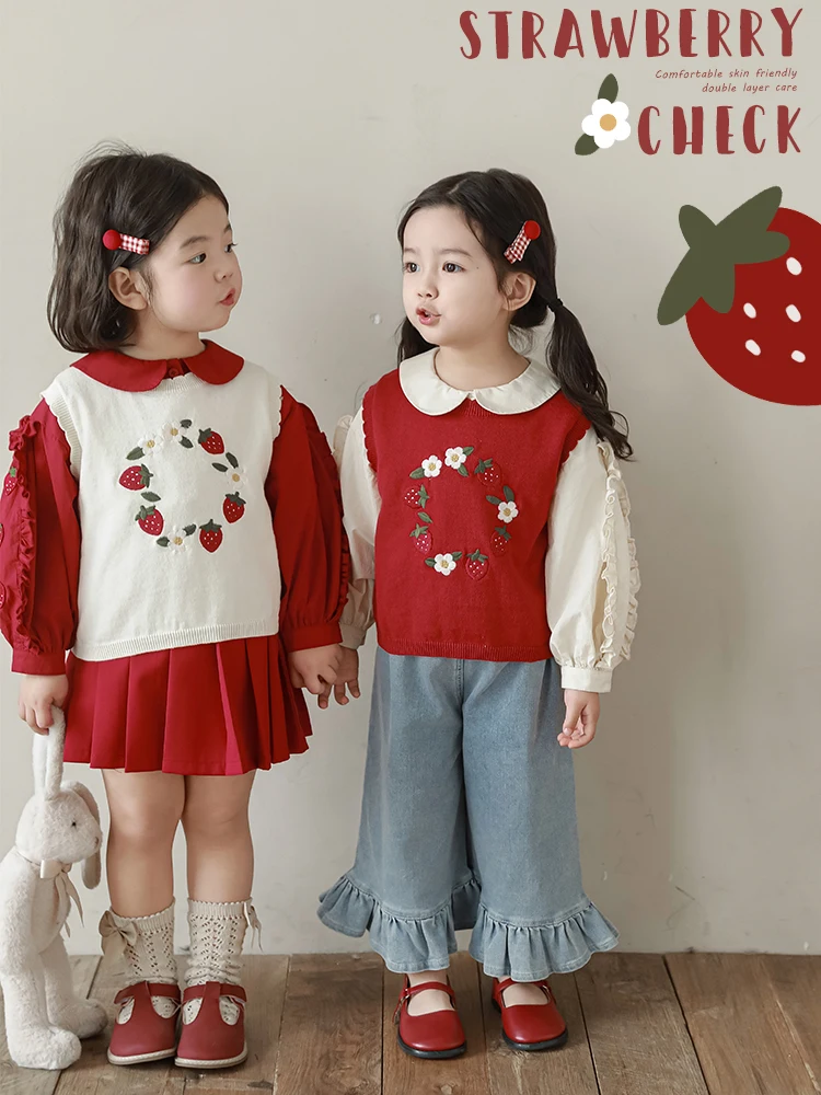 Girl\'s 2024 Spring Set Children\'s Sweet Cute Lantern Sleeves Solid Color Shirt Flower Embroidered Vest