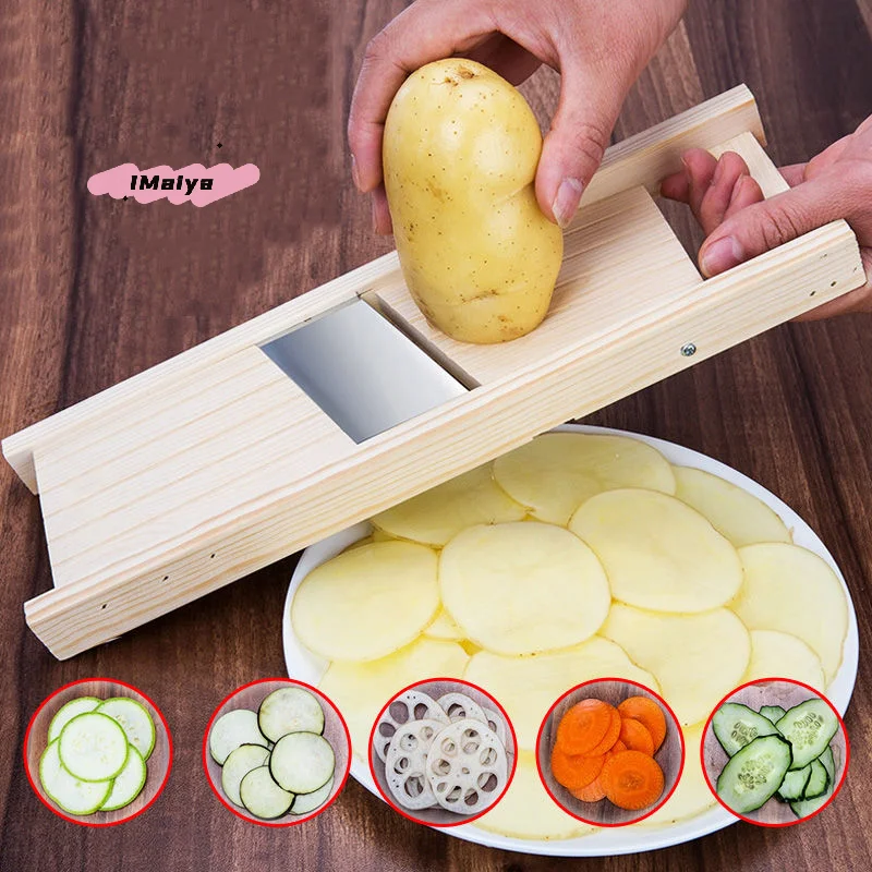 

1Pc Multifunctional Wooden Vegetable Cutter with Steel Blade - Kitchen Slicer Potato Peeler Carrot Cheese Grater