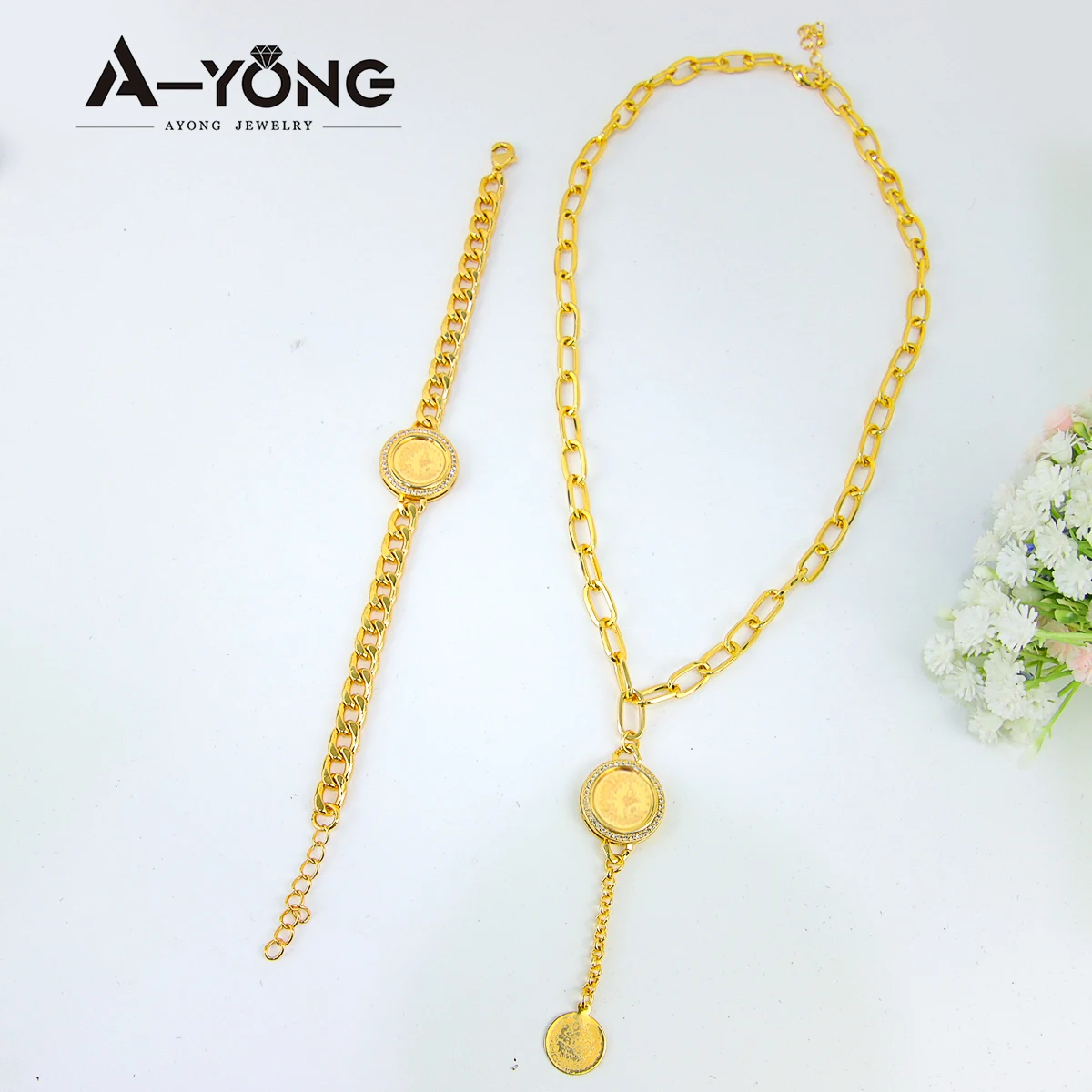 Dubai Vintage Coins Charm Jewelry Set 21k Gold Plated Turkish Bridal Zirconia Necklace Nigeria Muslim Women Wedding Jewelrys