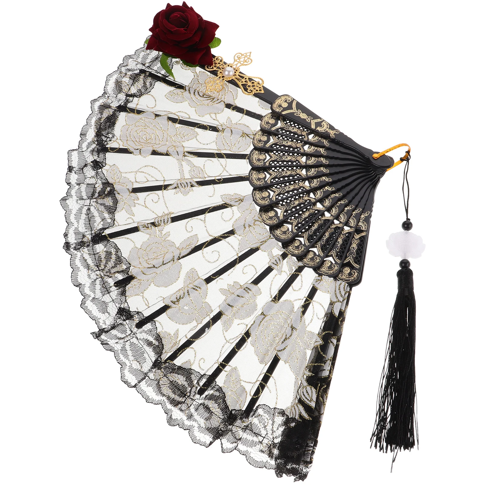 

Rose Lace Folding Fan Elegant Handheld Vintage Design Decorative Wall Art Performance Prop for Tea Party Wedding Cosplay