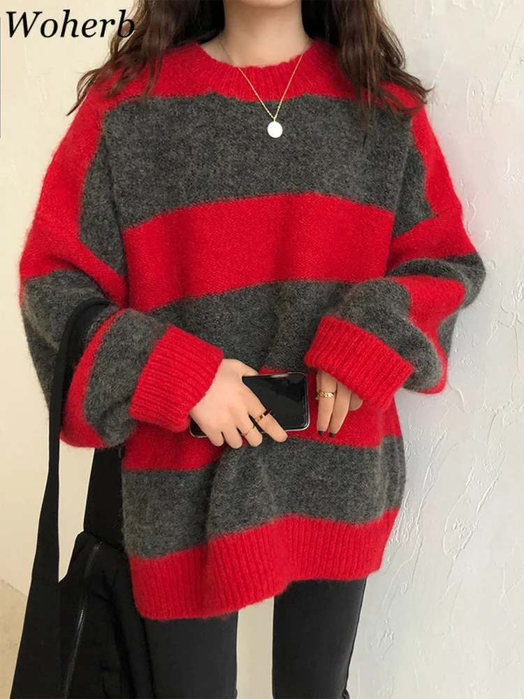 Woherb Women Oversized Thin Sweater Vintage Striped Loose Pullover Streetwear Autumn Knitted Jumper Femme 2024 Sueter Mujer