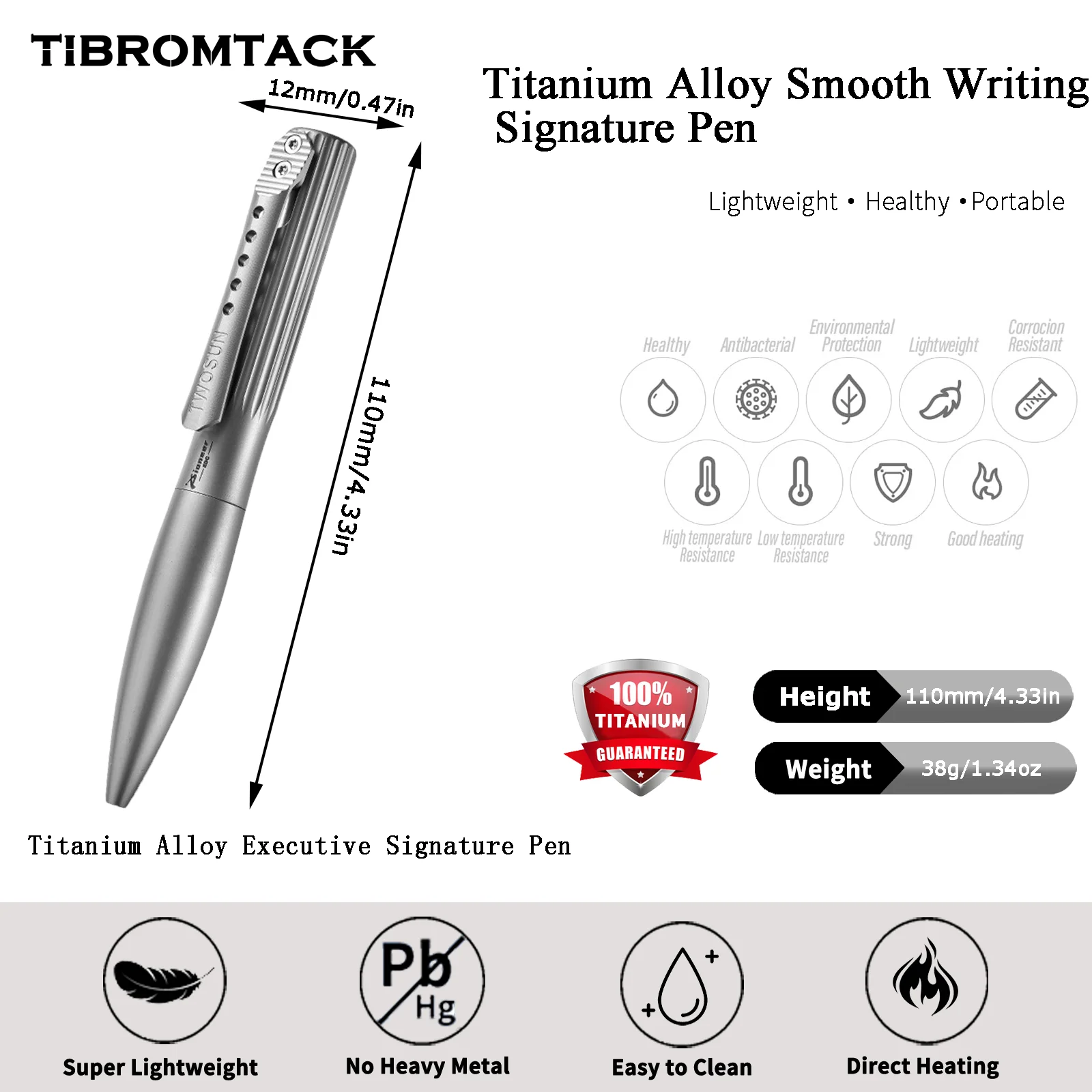 

Ручка-автомат TIBROMTACK из чистого титана - 110 мм/4,33 дюйма, 38 г, тактическая титановая ручка | Прочная деловая ручка для письма