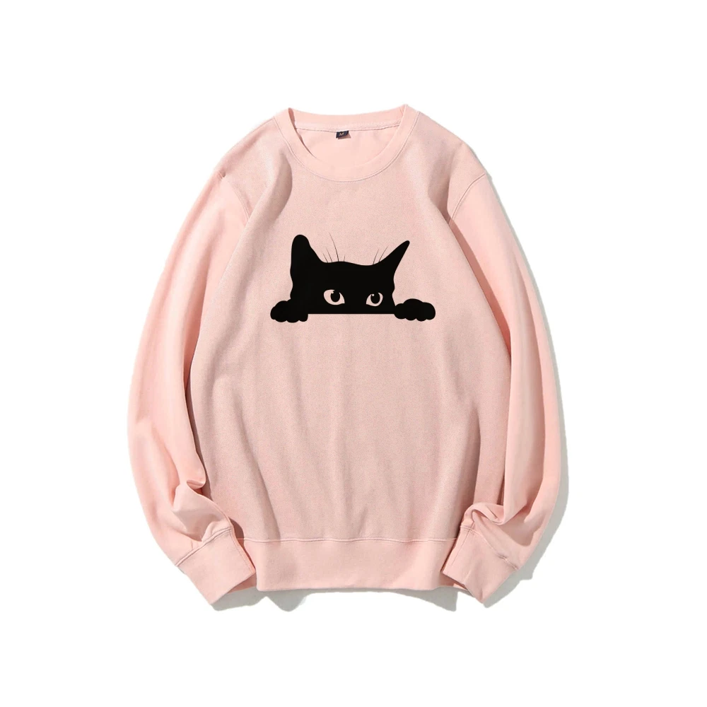 Cute Black Peep Cat Kitty Halloween Casual Sweatshirt Pet Owner Gift Women’s Autumn Winter Pullovers Comfort Long Sleeve Shirt