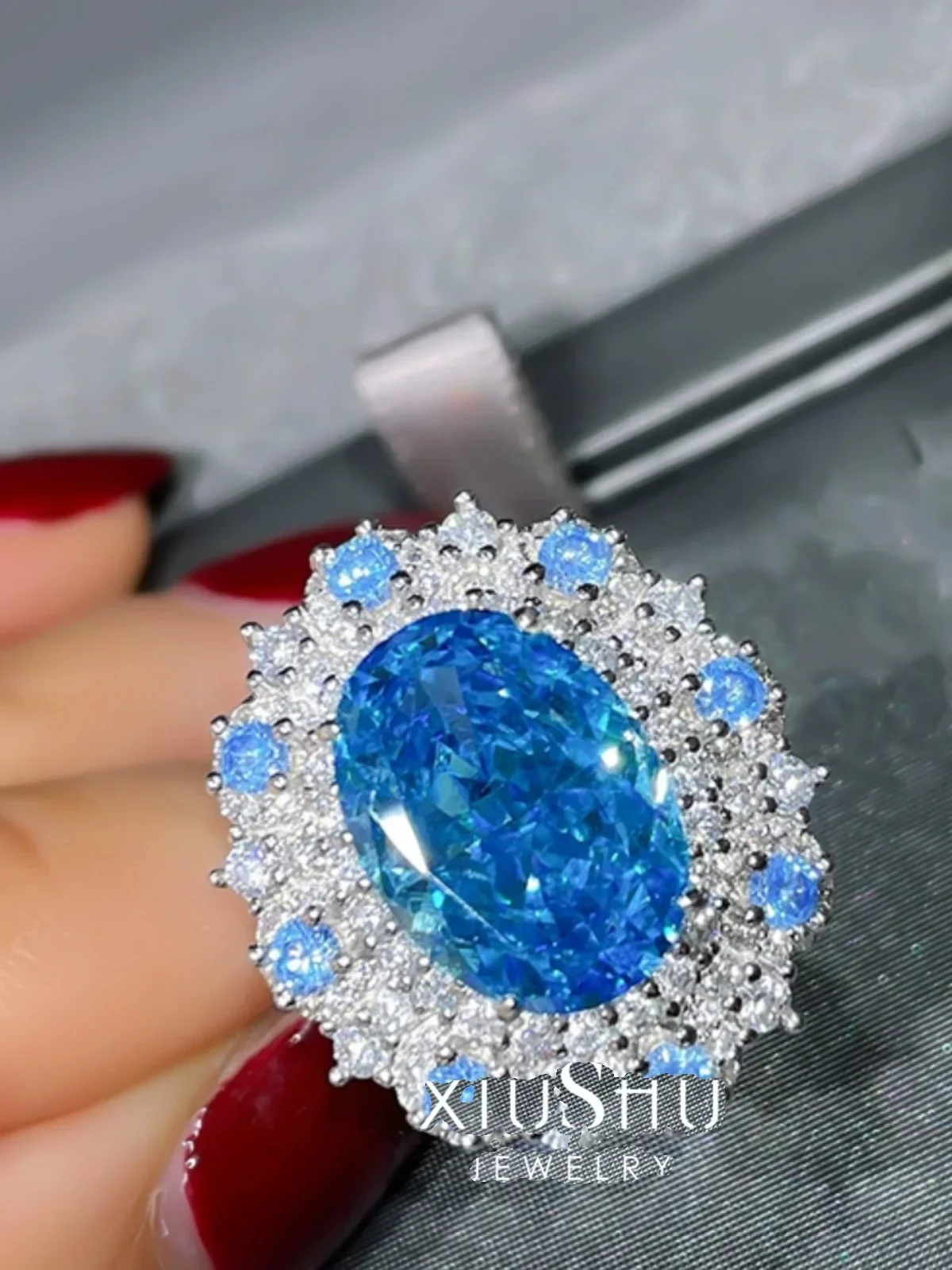 Ocean Blue Treasure Ring for Female Crowd Design, High Grade Feeling Diamond Collar, Sterling Silver 925 Wedding