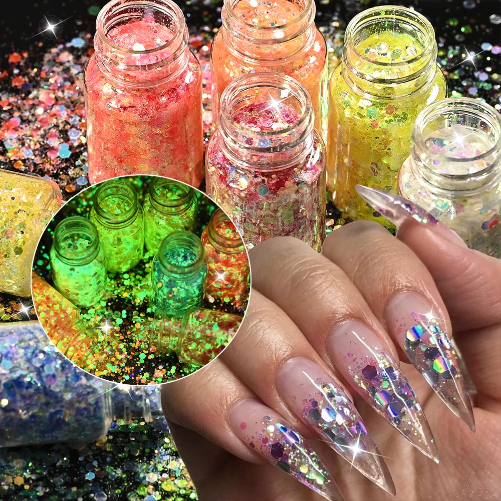

7pcs Colorful Hexagon Luminous Sequins Nail Charms 3D Holographic Chunky Sparkly Nail Foil DIY Gel Polish Glitter Nail Paillette