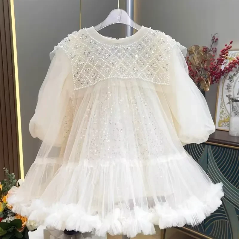 Baby Girl Princess Pearl Sequins Tutu Dress Infant Toddler Fashion Vestido Pageant Party Pageant Birthday Ball Gown 1-12Y