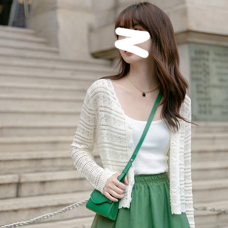 Cardigan tricoté ajouré pour femmes, Protection solaire fine, manches longues, Style court, petit haut de Protection solaire