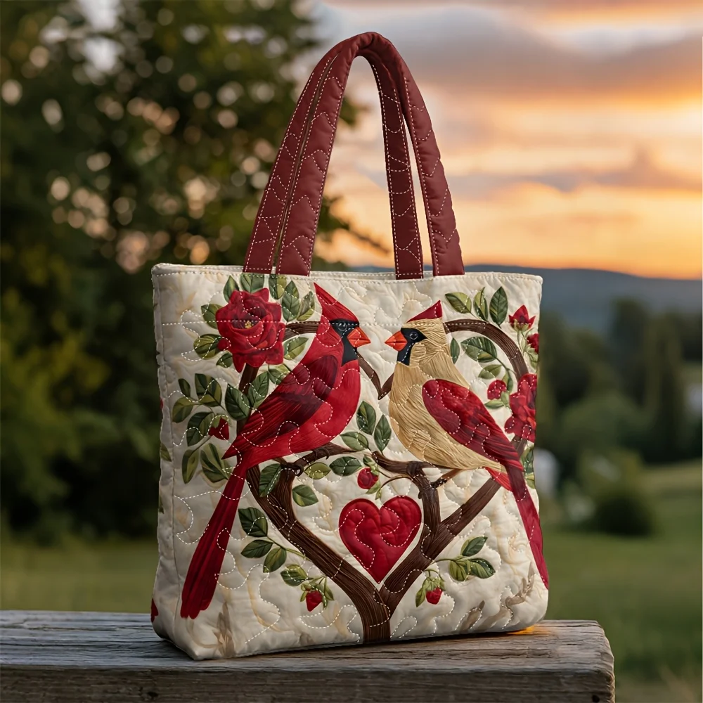 

Cardinal Bird Couple Quilted Tote Bag, Bohemian Lightweight Large Capacity Handbag for Travel and Shopping