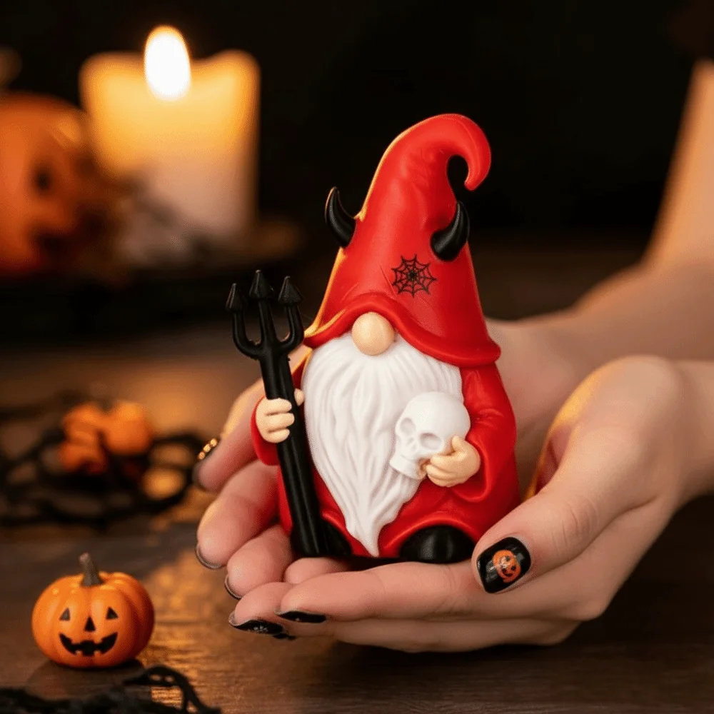 Gothic Tabletop Red Robe Red Gnome Black Horns Holding Trident Halloween Figurine PLA Vibrant Colors Skull Miniature Office Desk
