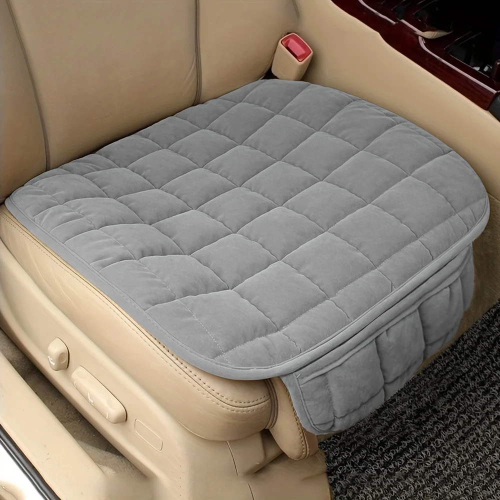 Short Plush Single Front Car Seat Cushion Grid Quilted with Side Storage Pocket Universal Fit Most Cars