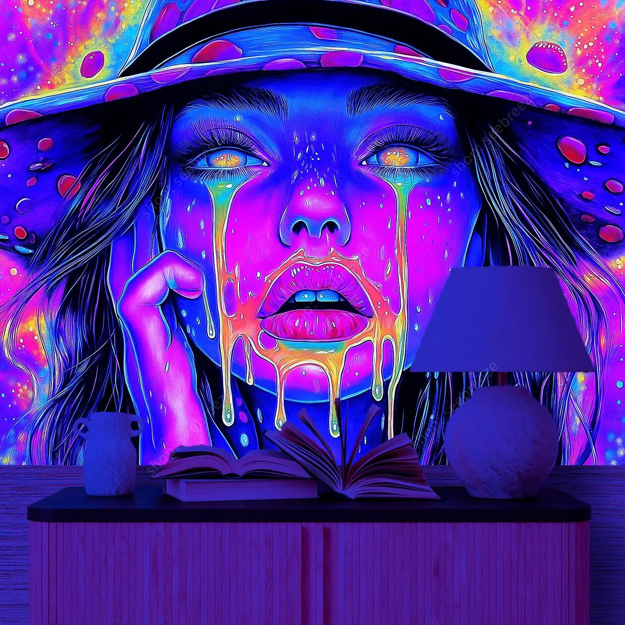 VIKAMA Wandteppich mit neonischer psychedelischer Kunst, abstrakter Pilz, Mädchen, Wohnzimmer, Schlafzimmer, Weltraumatmosphäre, Dekoration, Wandteppich