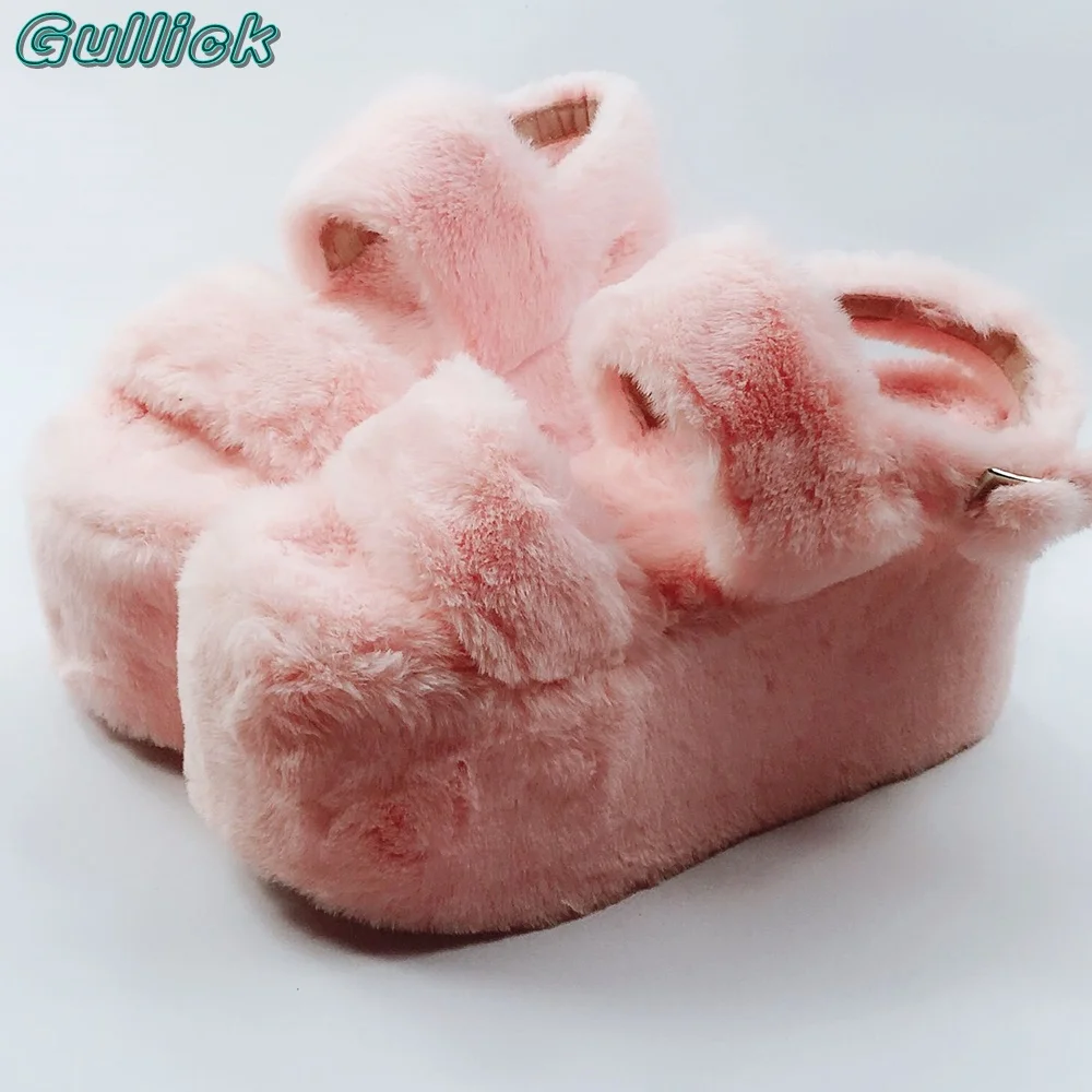 Solid Pink Fur Sandals Open Toe Thick Heel Strappy Back Strap Buckle Strap Light Color Women Outwear 2024 Summer Sandals