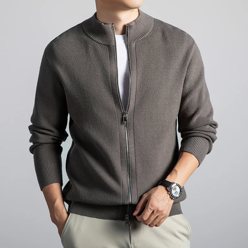 남성 트렌디 스웨터 가디건 2025 가을 더블 지퍼 니트 코트 남성 슬림 핏 가디건 스탠드 칼라 니트 아우터웨어 긴 소매
