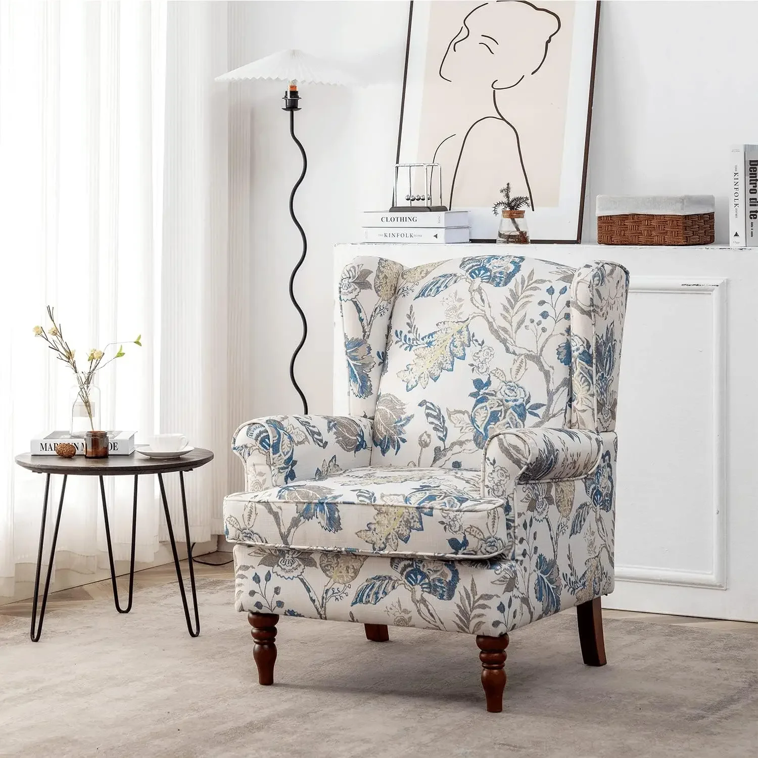 Floral Accent Chair, High Back Upholstered Armchair with Solid Legs, Leisure Single Sofa Chair for Living Room, Bedroom, Home Of