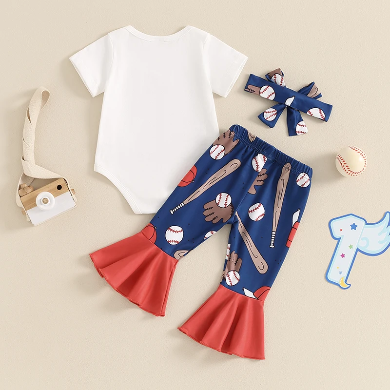 My First Baseball Season Baby Girl Outfit Short Sleeve Romper Bodysuit Flare Pants Headband 3Pcs Bell Bottoms Set