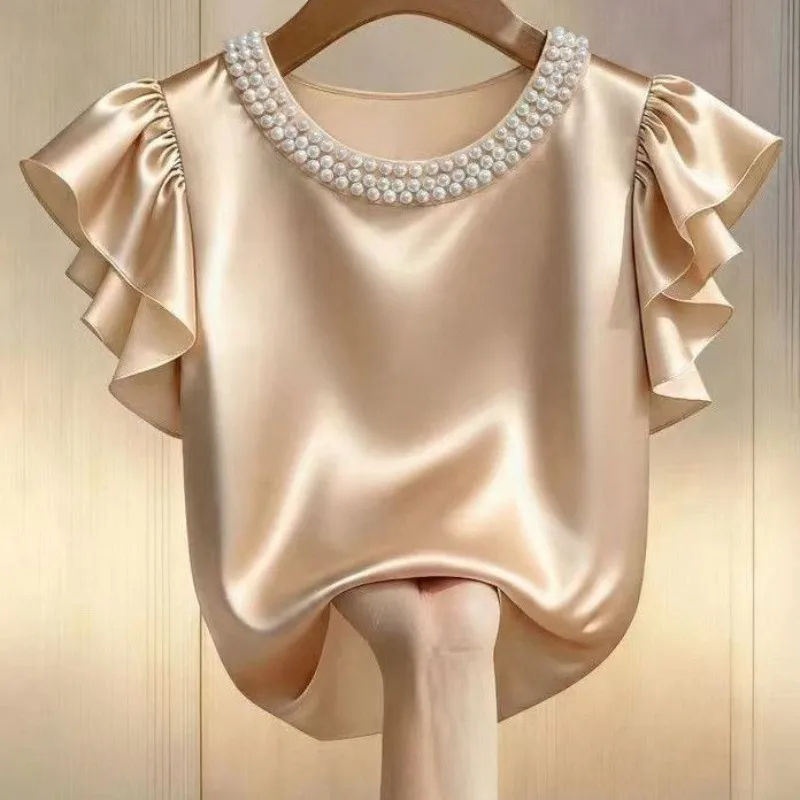 Comfortable Satin Blouse with Pearl Neckline Ruffle Sleeves | Elegant Workwear Top Elegant French Trendy Office Lady Workwear
