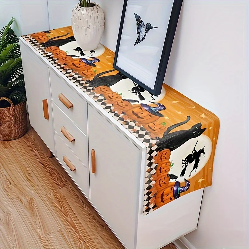 Halloween Witch Cat and Pumpkin Star Table Flag, Washable, Perfect for Dining Ambient Table Flag